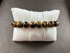 Strada / Genoa tigers eye bead and Austrian crystal Japanese movement 7-7.5in stretch bracelet silvertone watch with charms, new, runs