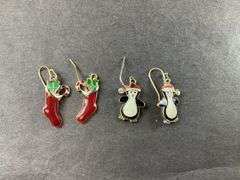 Two Sets Of Christmas Earrings One Is A Red Stocking With Packages, Penguins With Santa Hats Not Magnetic