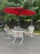 5-Piece Patio Set with Aluminum Frame Chairs, Glass-Top Table, and 8’ Dia. Red Umbrella