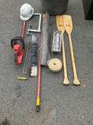 Plastic Trashcan with Assorted Tools and Accessories