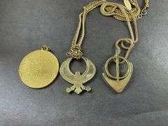 Two Gold Tone Men's Necklaces With Eagle Pendant, One Arrow, Gold Tone Medallion (Mayan) Calendar