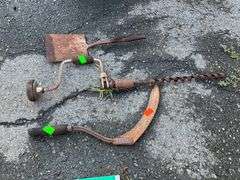 Rustic Manual Drill, Spatula, and Wooden Handle Hand Scythe Set