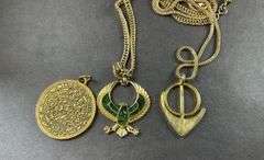 Two Gold Tone Men's Necklaces With Eagle Pendant, One Arrow, Gold Tone Medallion (Mayan) Calendar