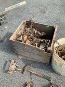 Plastic Bucket and Wooden Crate with Assorted Metal Traps