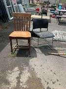 Two Chairs Including Wooden Slatted and Metal-Framed Chair