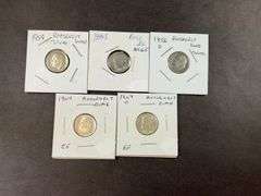 Five silver Roosevelt dimes 1954, 1954S, 1956D, 1964, and 1964D