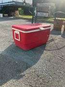 Red Igloo Cooler with Hinged Lid and Side Handles
