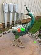 Decorative Metal Bird Sculpture, Foldable Patio Table, and Folding Chair