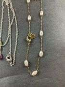 Two Necklaces One With Pearls(Barbie) One With Three Tiny Amber Beads/ Sweater Clip Made From Earrings