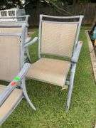 Two Wicker Patio Chairs and Three Aluminum Frame Canvas Chairs