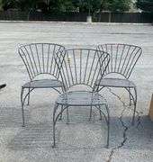 Three Metal Side Chairs with Slatted Seats and Curved Bar Backing