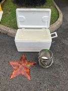 Igloo Cooler, Metal Barn Star, and Galvanized Buckets with Handles