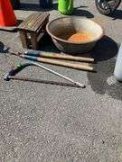 Large Metal Bowl, Bow Saw, Wooden Handle Limb Loopers, and Step Stool