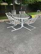 5-Piece Patio Set with Aluminum Frame Chairs, Glass-Top Table, and 8’ Dia. Red Umbrella