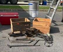 Two Wooden Crates With Scissor Jacks and Shop Light