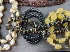 Five Costume Jewelry Necklaces-  Black Beads, Gold/ Cream Colored Bead/ Black And Gold Ceramic Necklace