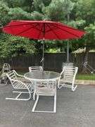 5-Piece Patio Set with Aluminum Frame Chairs, Glass-Top Table, and 8’ Dia. Red Umbrella