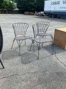 Three Metal Side Chairs with Slatted Seats and Curved Bar Backing