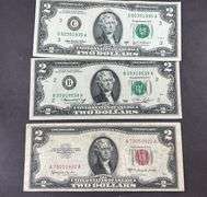 1953C $2 red seal, 1976 $2 green seal, and a 2003A $2 green seal