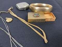 Gold filled locket pendant, match box, pill box, goldtone bracelet personalized “Thelma” , and three chains
