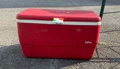 Red Igloo Cooler with Hinged Lid and Side Handles