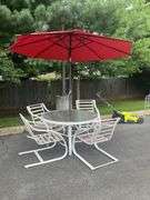 5-Piece Patio Set with Aluminum Frame Chairs, Glass-Top Table, and 8’ Dia. Red Umbrella