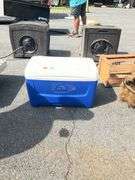 Blue and White Insulated Cooler with Hinged Lid