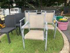 Two Wicker Patio Chairs and Three Aluminum Frame Canvas Chairs
