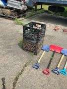 Plastic Toy Shovels and Rakes with Two Milk Crates