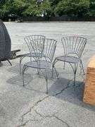 Three Metal Side Chairs with Slatted Seats and Curved Bar Backing