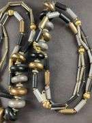 Three necklaces, Costume Jewelry Ceramic Beaded Necklace Blues Cream Colored and two black and goldtone beads