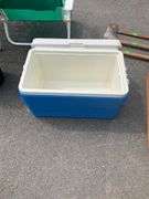 Blue and White Plastic Cooler with Lid and Handles