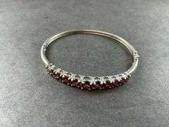 Bangle Bracelet Side Clasp With Garnet Colored Stone 13.8 grams Sterling Silver size 2 1/2"
