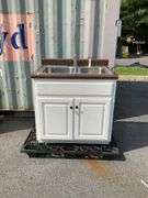 White Cabinet With Dual Stainless Steel Sink and Brown Countertop