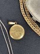 Gold filled locket pendant, match box, pill box, goldtone bracelet personalized “Thelma” , and three chains