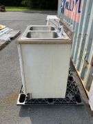 White Cabinet With Dual Stainless Steel Sink and Brown Countertop