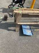 Wooden Sawhorse, Plastic Head Shovel with Wooden Handle, Metal Head Rake, and Chimney Sweep Brush