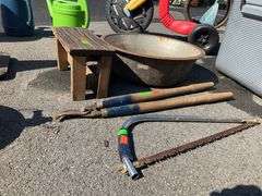 Large Metal Bowl, Bow Saw, Wooden Handle Limb Loopers, and Step Stool