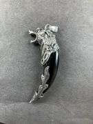 Stainless faux black jade wolf tooth pendant