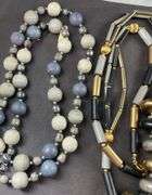 Three necklaces, Costume Jewelry Ceramic Beaded Necklace Blues Cream Colored and two black and goldtone beads