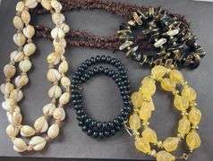 Five Costume Jewelry Necklaces-  Black Beads, Gold/ Cream Colored Bead/ Black And Gold Ceramic Necklace