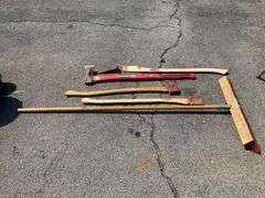 Push Broom, Splitting Wedge, Splitting Maul, and Two Axes with Wooden Handles