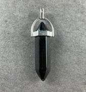 Black obsidian hexagonal crystal silvertone pendant