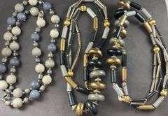 Three necklaces, Costume Jewelry Ceramic Beaded Necklace Blues Cream Colored and two black and goldtone beads