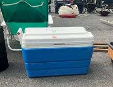 Blue and White Plastic Cooler with Lid and Handles