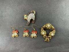 Earrings Three Christmas Bell Earrings , Two Lapel Pins One A Wreath With Red Stones And Pearls And Cat Pin
