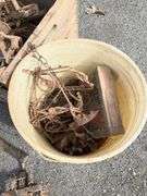 Plastic Bucket and Wooden Crate with Assorted Metal Traps