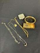 Gold filled locket pendant, match box, pill box, goldtone bracelet personalized “Thelma” , and three chains