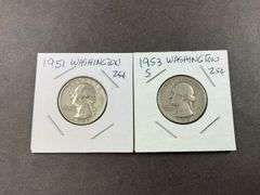 Two silver Washington quarters 1951 and 1953S