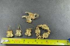 Earrings Three Christmas Bell Earrings , Two Lapel Pins One A Wreath With Red Stones And Pearls And Cat Pin